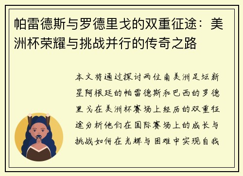 帕雷德斯与罗德里戈的双重征途：美洲杯荣耀与挑战并行的传奇之路