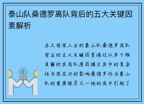泰山队桑德罗离队背后的五大关键因素解析